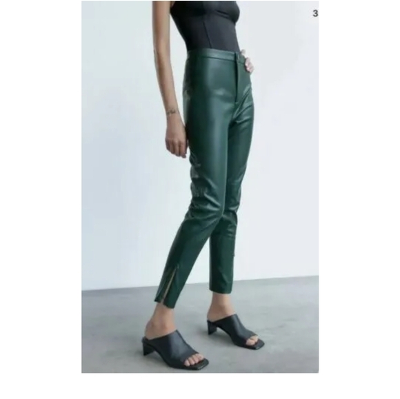 NWT Zara High Rise Forest Green Faux Leather Ankle Zip Pant - Picture 1 of 11
